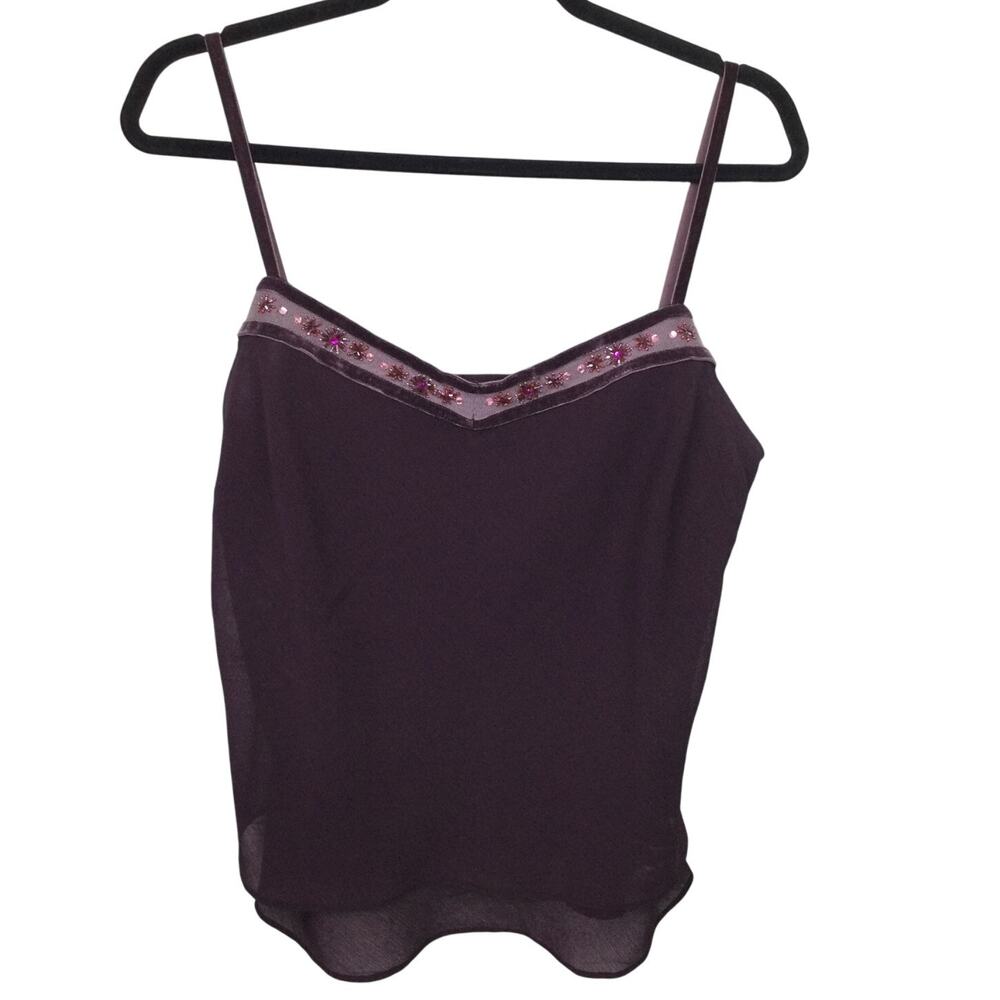 Ann Taylor Loft 90's Y2K Beaded Velour Trim Tiered Cropped Purple Camisole S